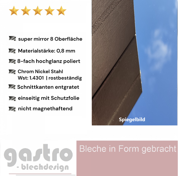 0,8mm Spiegelblech Edelstahl | hochglanz | super mirror8 | Blechspiegel